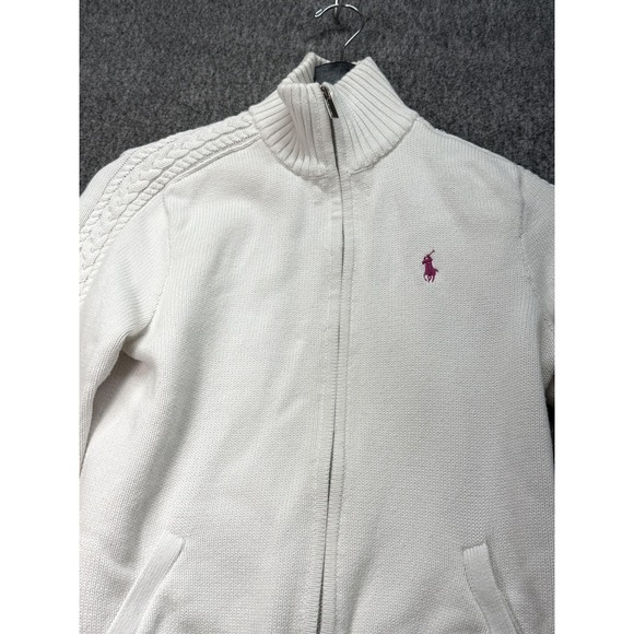 Polo Ralph Lauren Sweater Womens Small White‎ Full Zip Mock Neck Cable Knit Pony - Picture 2 of 12